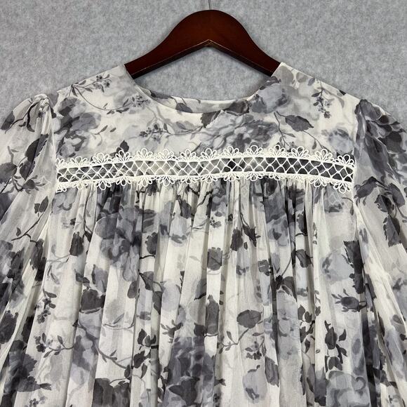 Zimmermann White Grey Floral Havoc Picot Silk Long Sleeve Blouse Size 3 - Picture 3 of 9